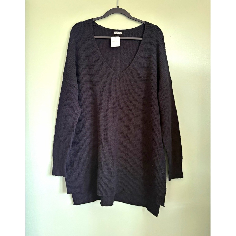 Free People Women's Black Waffle-Knit V-Neck Oversized Pullover Sweater S NWT